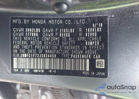 2018 Honda Civic Ex-L z USA, uszkodzony, nr VIN JHMFC1F72JX034458